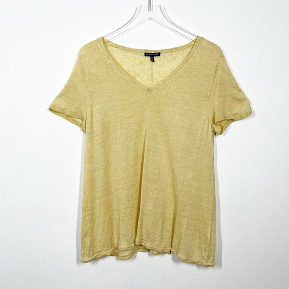 Eileen Fisher Women's Size Medium Lemon Drop Yellow Linen Jersey V-Neck Shirt - Picture 6 of 6